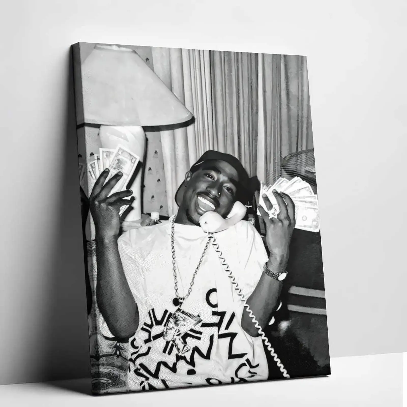 Vintage Tupac Shakur Canvas Wall Art – Classic Black & White Hip Hop Legend Poster | 90s Rap Icon Money Phone Pose Print | Perfect Decor for Bedroom, Dorm & Hip Hop Fan Cave | Ideal Gift for Old School Rap Lovers