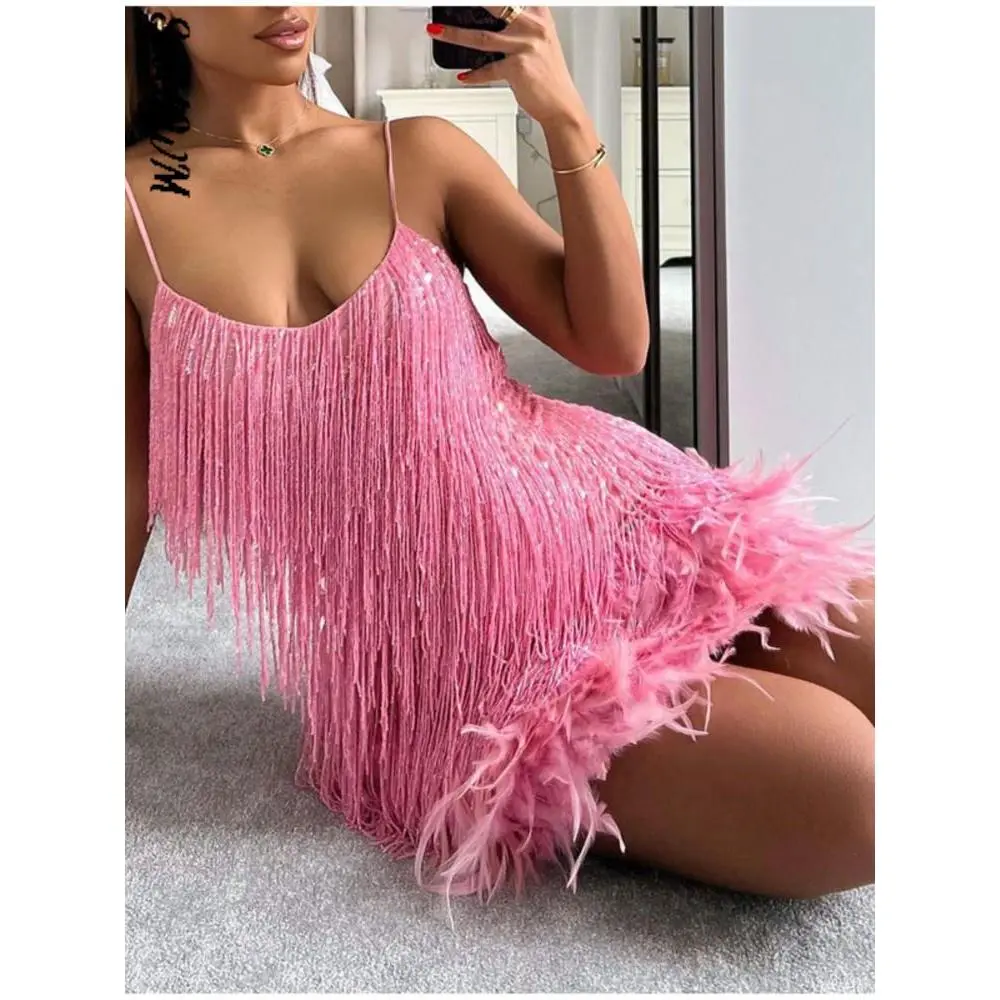 2026 Fashion Tassel Sequin Multicolored Birthday Party Sexy V-Neck Strappy Feather Trim Dresse