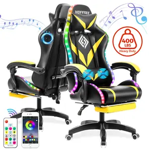 Gaming Chair with Bluetooth Speakers and RGB LED Lights Ergonomic Computer Gaming Chair with Footrest Music Video Game Chair High Back with Lumbar Support