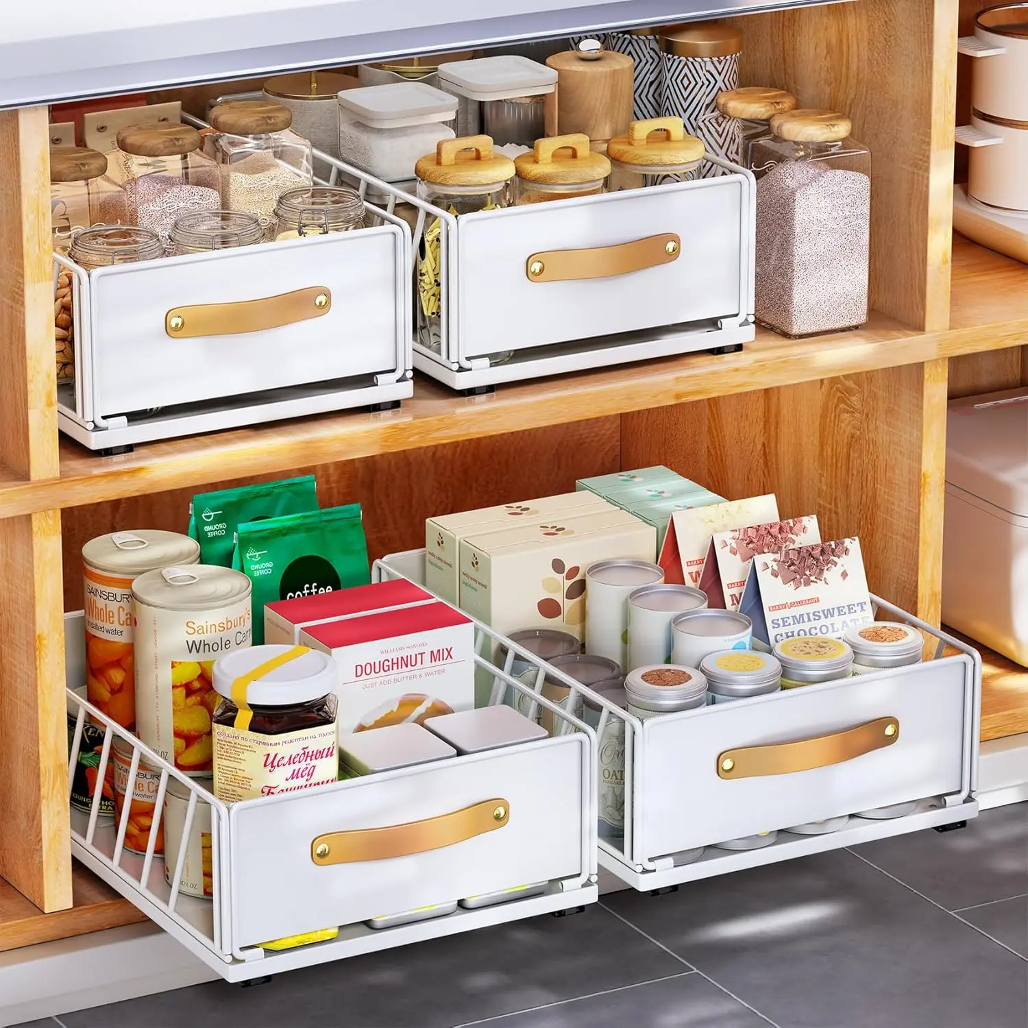 Kitstorack Pull out Cabinet Organizer,Heavy Duty Slide out Pantry Shelves Drawer Storage with Adhesive Nano Film,Sliding Mesh Cabinet Basket with Handle for Kitchen, Bathroom, Home
