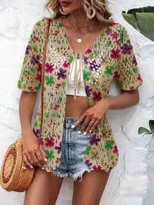 Elegant Boho Style Short Sleeve Knit Cardigan, Colorblock Floral Print, Shell Edge Tie, Bikini Cover-Up, Casual Outerwear for Summer