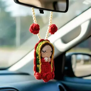 Handmade Crochet Car Rearview Mirror Hanging Ornament, Cute Mary Statue Car Interior Decoration, Car Rearview Mirror Pendant, Car Accessories, Car Interior Ornaments
