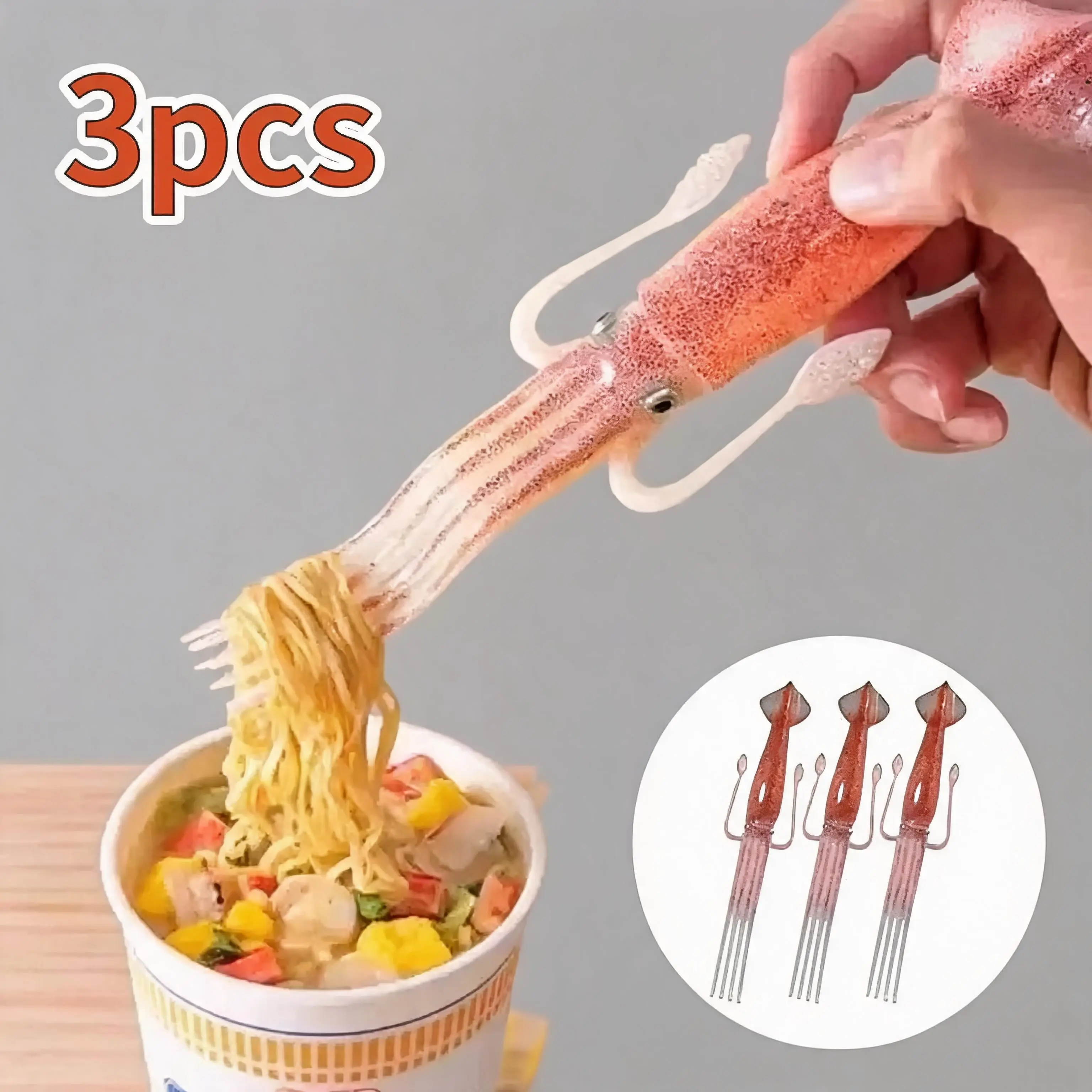 Squid Shaped Noodle Fork, 3 Count Heat-resistant Silicone Pasta Fork, Cute Cooking Tool, Multi-purpose Fork for Ramen/Pasta/Salad, Home Kitchen Use, Utensils, Kitchenware, Cooking Accessories