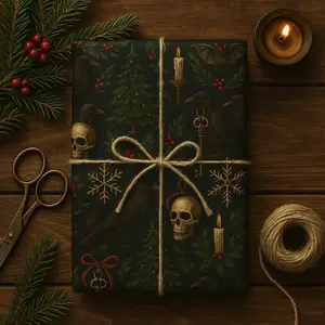 Gothic Skull Raven Bat Wrapping Paper, Dark Birthday Gift Wrap, Witchy Anniversary Present Packaging for Him Her, Horror Goth Gift Wrap