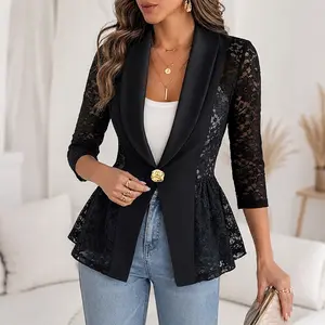 CHICME Women's Lace Patchwork Blazer Elegant Shawl Lapel Peplum Coat Single Breasted Three Quarter Sleeve Outwear