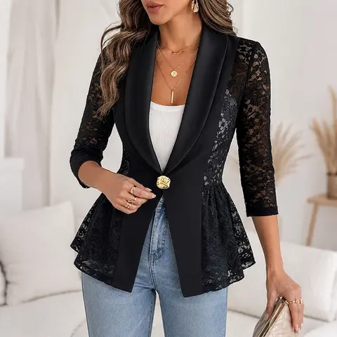 CHICME Women's Lace Patchwork Blazer Elegant Shawl Lapel Peplum Coat Single Breasted Three Quarter Sleeve Outwear