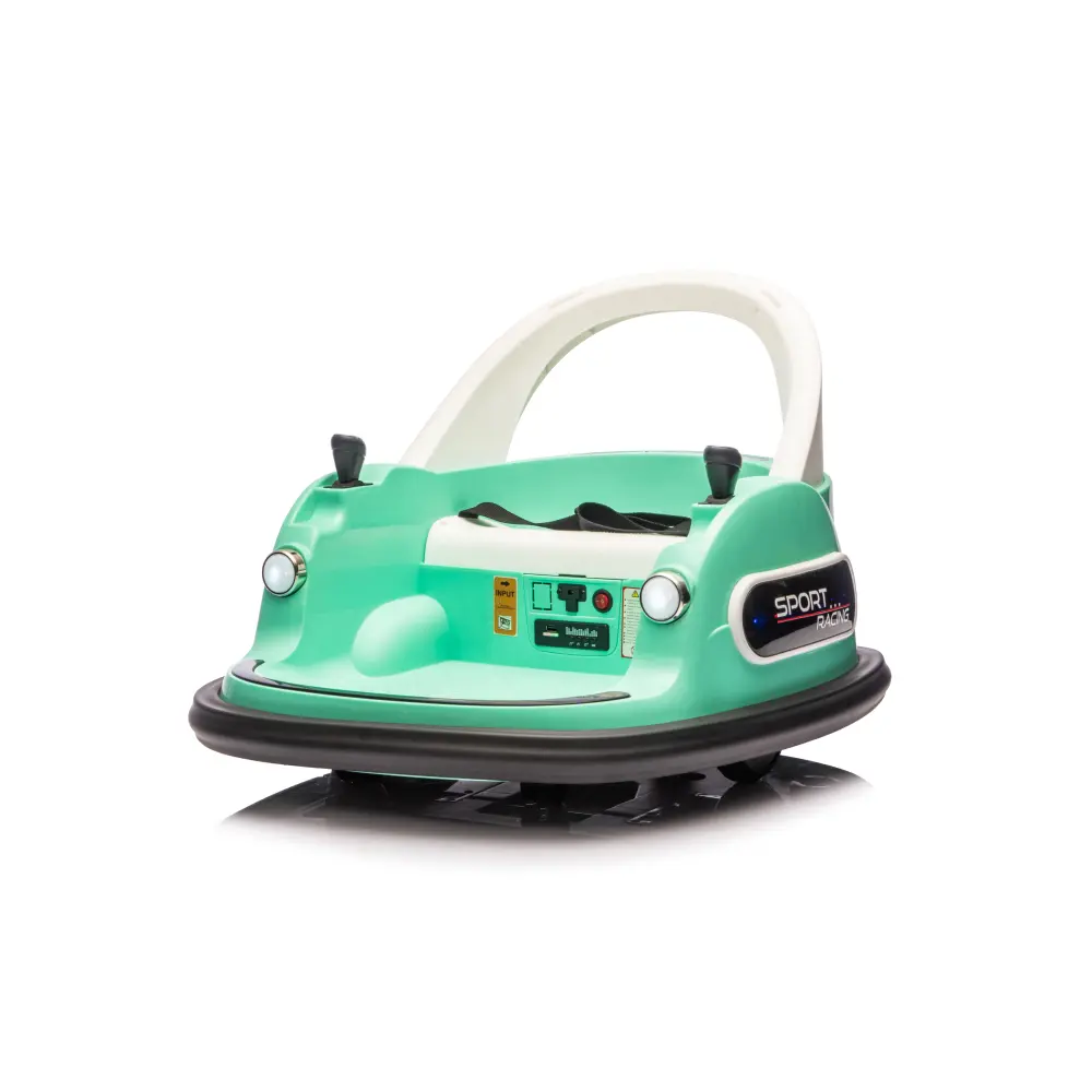12V electric bumper car for children, featuring a 2.4G remote control, dual sequential flashing lights with front LEDs, Bluetooth 360-degree rotation, a body with crash pads, and a five-point safety harness.