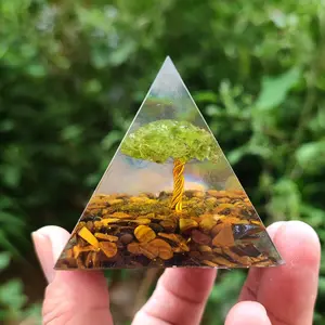 Tree of Life Meditation Orgone Pyramid Crystal Tiger's Eye Peridot Orgonite Pyramid Home Decoration