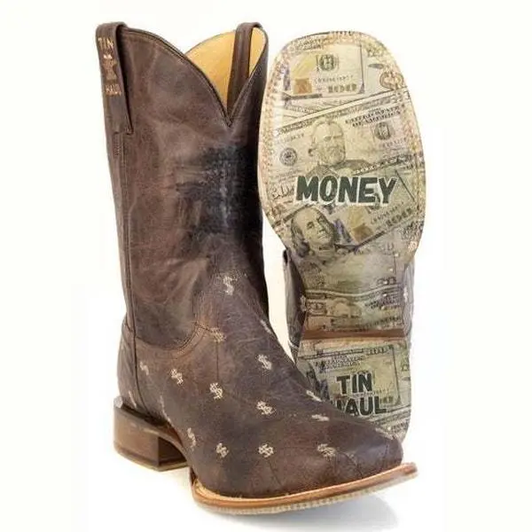 Men's Tin Haul Banking Bucks Boots with Money Sole Handcrafted Square Toe Brown