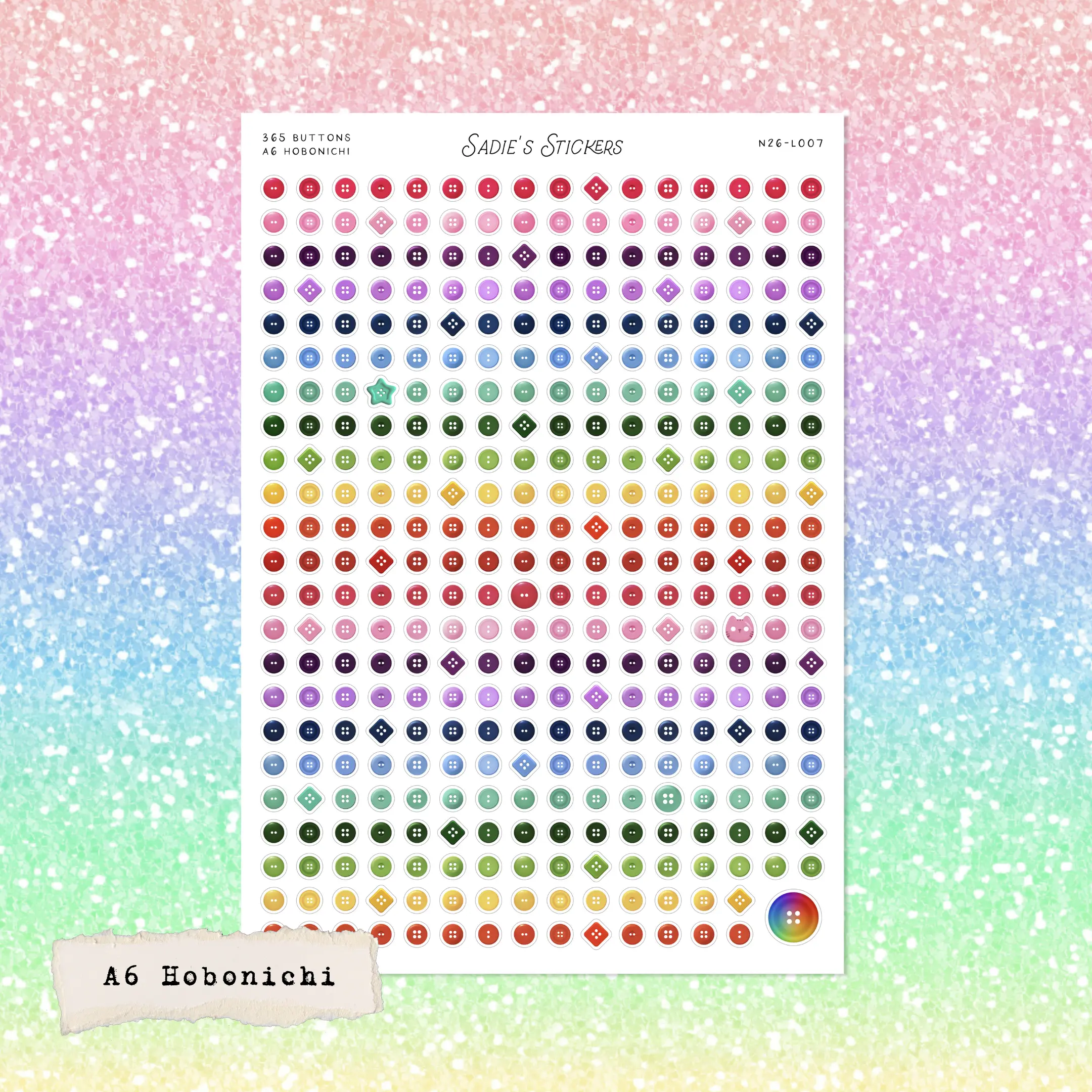 365 Buttons • A6 Hobonichi • 365 Days Check-Off Sticker Sheet