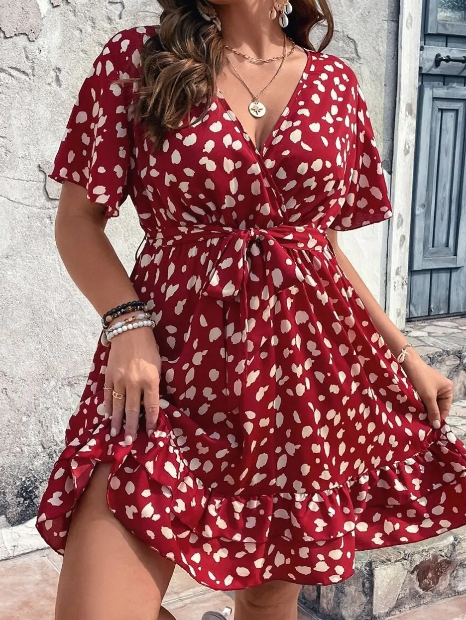 Plus Size Allover Print Ruffle Hem Dress, Belted Casual Summer Dress for Daily Outfits
