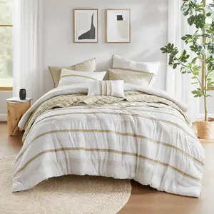 Madison Park MP10-8489 104 x 92 x 1.5 in. Carolina Stripe Comforter & Quilt Set, Taupe - King & California King Size - 7 Piece, King Size Bed, All Seasons, Seven Pieces