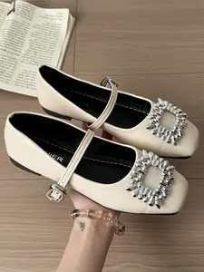 Women's Comfortable Ballet Flats, Square Toe Design, Ankle Strap, PU Leather Upper, Rubber Sole, Casual Style, All Seasons