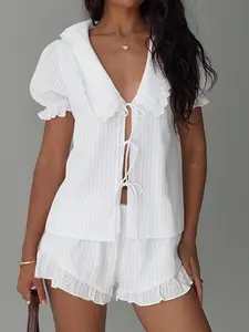 Women's Solid Ruffle Trim Fitted Crop Top & Flare Leg Shorts Two-Piece Set, Sweet Puff Sleeve Top & Shorts, Casual Summer Outfits Clothes Set for Ladies Outdoor Holiday, Womenswear