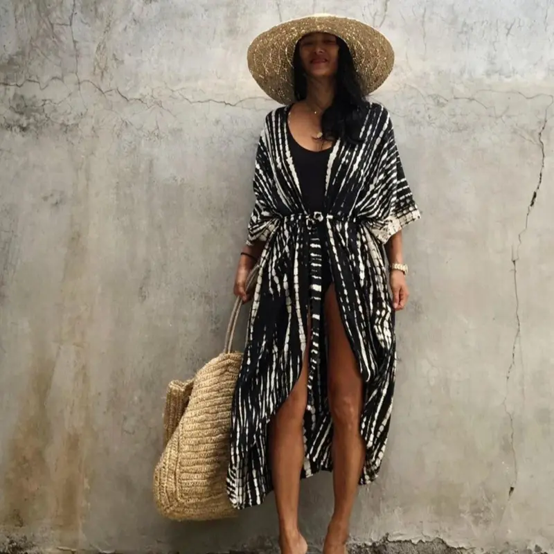 Plus Size Tie Dye Print Belted Kimono, Boho Batwing Sleeve Open Front Cover Up Dress, Swimsuit Coverup, Beachwear Cover Up, Beach Cover Ups, 2024 Curve Bathing Suits, Bohemian Cover Up, Women's Clothes for Beach Holiday