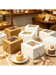 20/15/10/5/1pcs One-Piece Foldable 3 Inch Windowed Cake Boxes, Square Disposable Packaging for Cookies, Biscuits and Dessert Pastries.needoh.paper plates