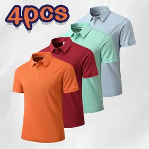 Men’s Breathable Casual Polo Shirt Set, Multicolor, Turn-down Collar, Short Sleeve, Four Pieces