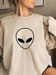 Alien Geometric Print Women's Pullover Round Neck Sweatshirt, New Fall Winter Casual Holiday Fleece Lined, Loose-Fitting Street Style