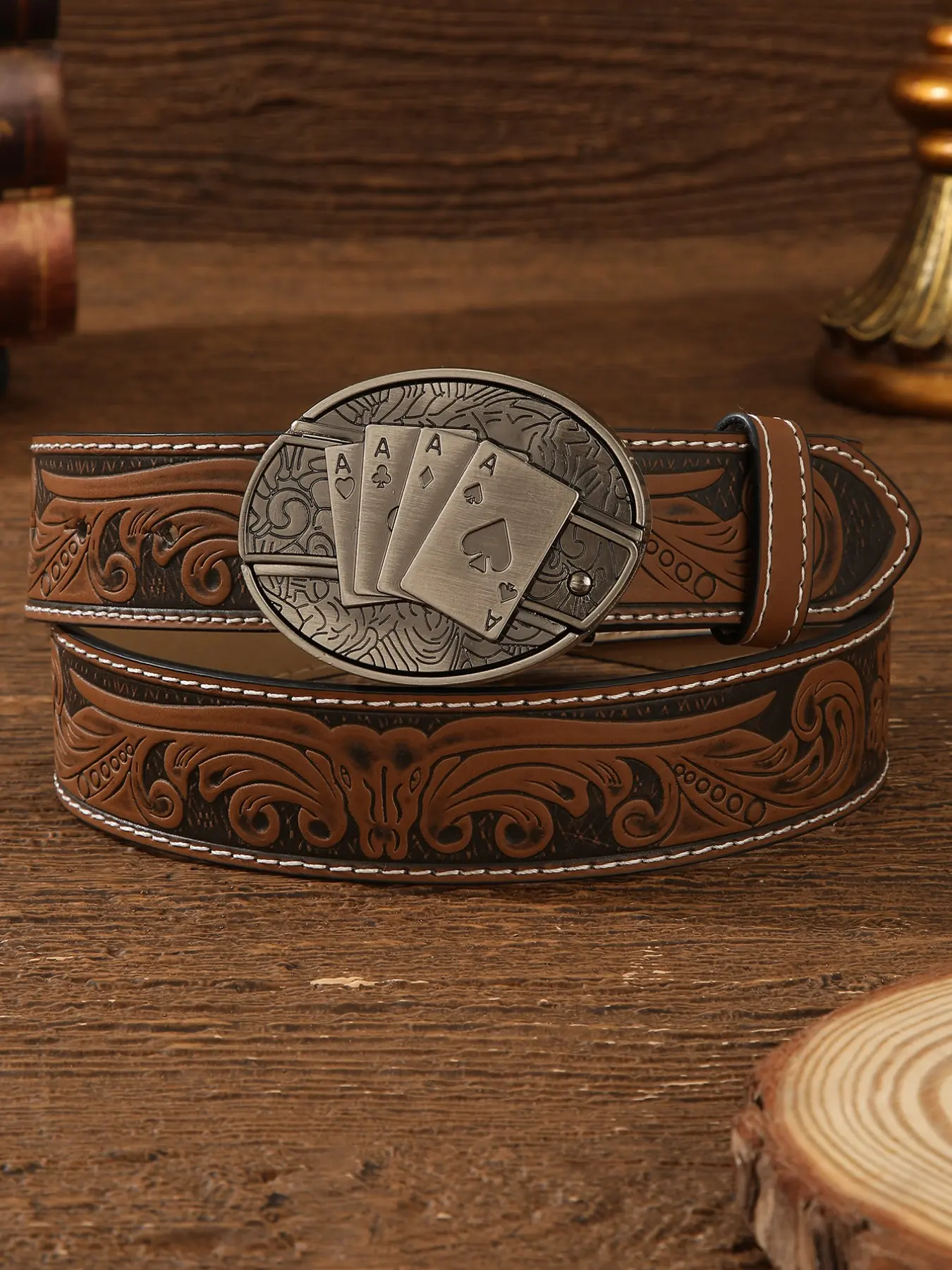 Leather Silver Belt Brown western southwestern casual cowboy cowgirl bohemian XZQTIVE Women Men Western Belt Vintage Country Belts For  main image 3