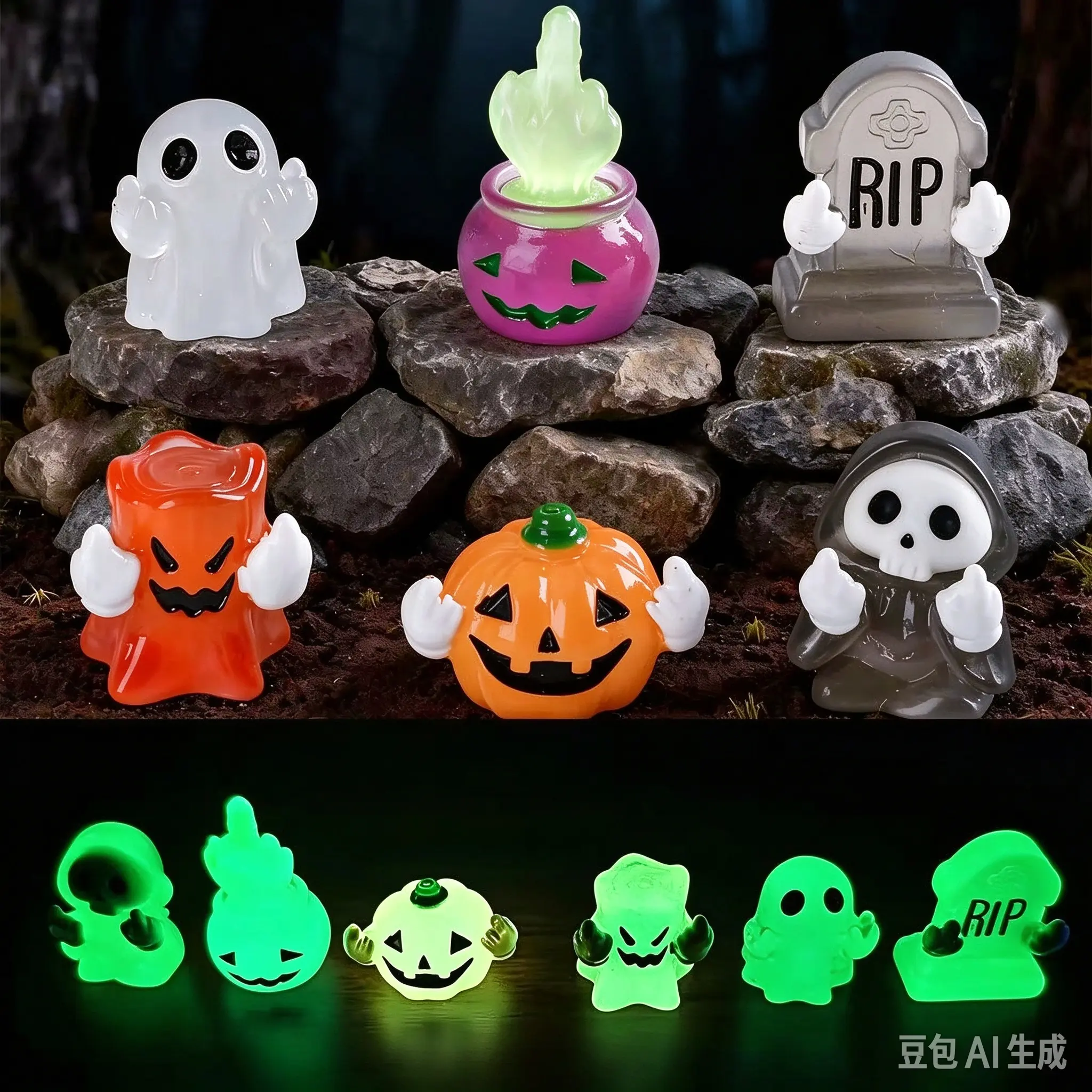 6-Piece Glow-In-The-Dark Resin Ghost Decorative Ornaments, Mini Halloween Decor for Fairy Garden, Desktop, Micro Landscape DIY Projects