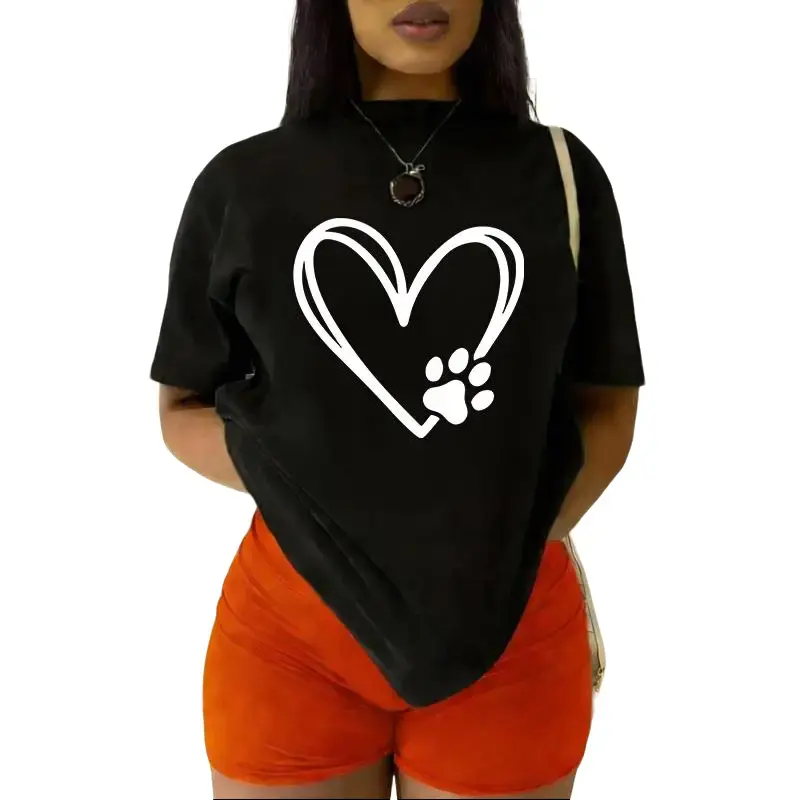 Cute Heart &amp;   Animal Graphic Comfortable Casual Versatile Crew Neck T-Shirts. Top Suitable For Summer Tik Tok Shop T-Shirt Cotton Breathable Knitted Short Tshirt