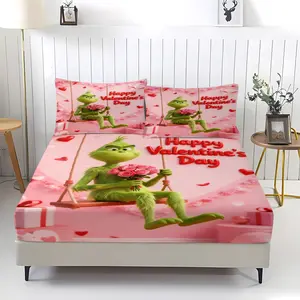 Cute cartoon patterned bed sheet with green fur monster theme, comfortable printed pattern, including 1 bed sheet and 2 pillowcases, comfortable bedding, anti slip dust cover suitable for bedrooms and guest rooms, suitable for children and holiday gifts