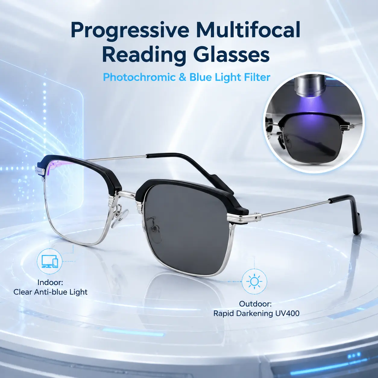 Lightweight Photochromic Reading Glasses, Blocks Blue Light & UV Rays, Ease Eye Strain for Screen and Outdoor Use