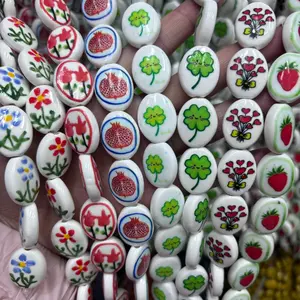 Hand-Drawn Tulip Strawberry Ceramic Flat Beads, Perfect for Bracelet Necklace Making, DIY Jewelry Accessories, 5 Pieces Set