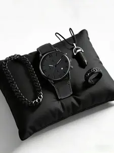 4pcs men's quartz watch with calendar function, zinc alloy case, round dial, pointer display, including pendant necklace, bracelet and ring, suitable for daily wear, a perfect gift for yourself or friends, Men Jewelry