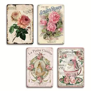 Metal Tin Sign Metal Wall Art Tin Wall Decor Pink Rose Flower Vintage Pastoral Artistic Tin Sign, Country Decor Flower Art Decor 4pcs Garden Signs, 12x 8 Inches Vintage Kitchen Decor Metal Sign for Home Kitchen Bar Coffee Shop Home Decor