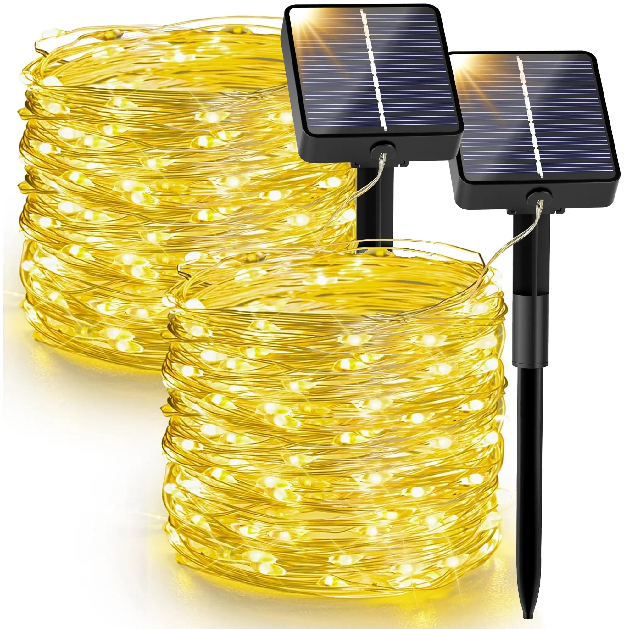 Tuffenough Solar Outdoor String Lights(2Packs)- 3000K Soft White Lights - 33FT 100LED Waterproof Lights with 8 Modes for Backyard Porch Balcony Décor