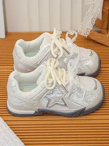 Girls' Lace Star Decoration Sneakers, Spring 2026 New Fashion Shoes, Casual Rubber Sole PU Upper, All Seasons, Casual Trainer Shoes