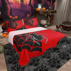 Feelyou Arachnid Theme Black Spider Bedding Set - Breathable Fabric, Multi-Size Fitted + Flat Sheets, Red Black Halloween Decor for Kids' Rooms