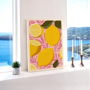 Vibrant Wall Art, Lemon And Pink Botanical Poster, Bold Graphic Screen Printing, Yellow Pink Green Canvas Decoration, Kitchen & Dining Room Aesthetic, Perfect Housewarming Gift, Framed.
