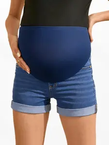 Blue Pregnant Jeans Shorts, Belly Support Mid-Waist Elastic Casual Slimming Fit, Fashion Plain Pattern, Comfortable and Stylish