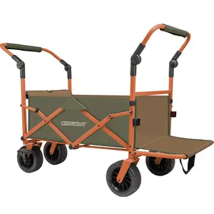 Whitsunday Collapsible Folding Beach Wagon Cart, Foldable Double Push Bar Wagon with Tailgate, 360° Rotating Wheels Heavy Duty Utility Camping Grocery Wagon with Wheels and Brakes Garden Sport