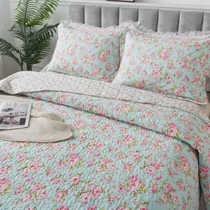 Full Size Shabby Chic Floral Quilt Set  Bedspread Farmhouse Quilted Comforter Sets 3-