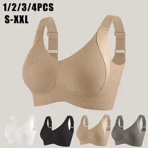 EssElegance 2/3/4PCS EssElegance Ribbed Push-Up Seamless Bra Set Soft Comfortable - Solid Four-breasted Adjustable Straps & Wire-Free Support for Daily Wear, Ultra-Soft Breathable Fabric,Bralette for women Full Coverage womenswear lingerie