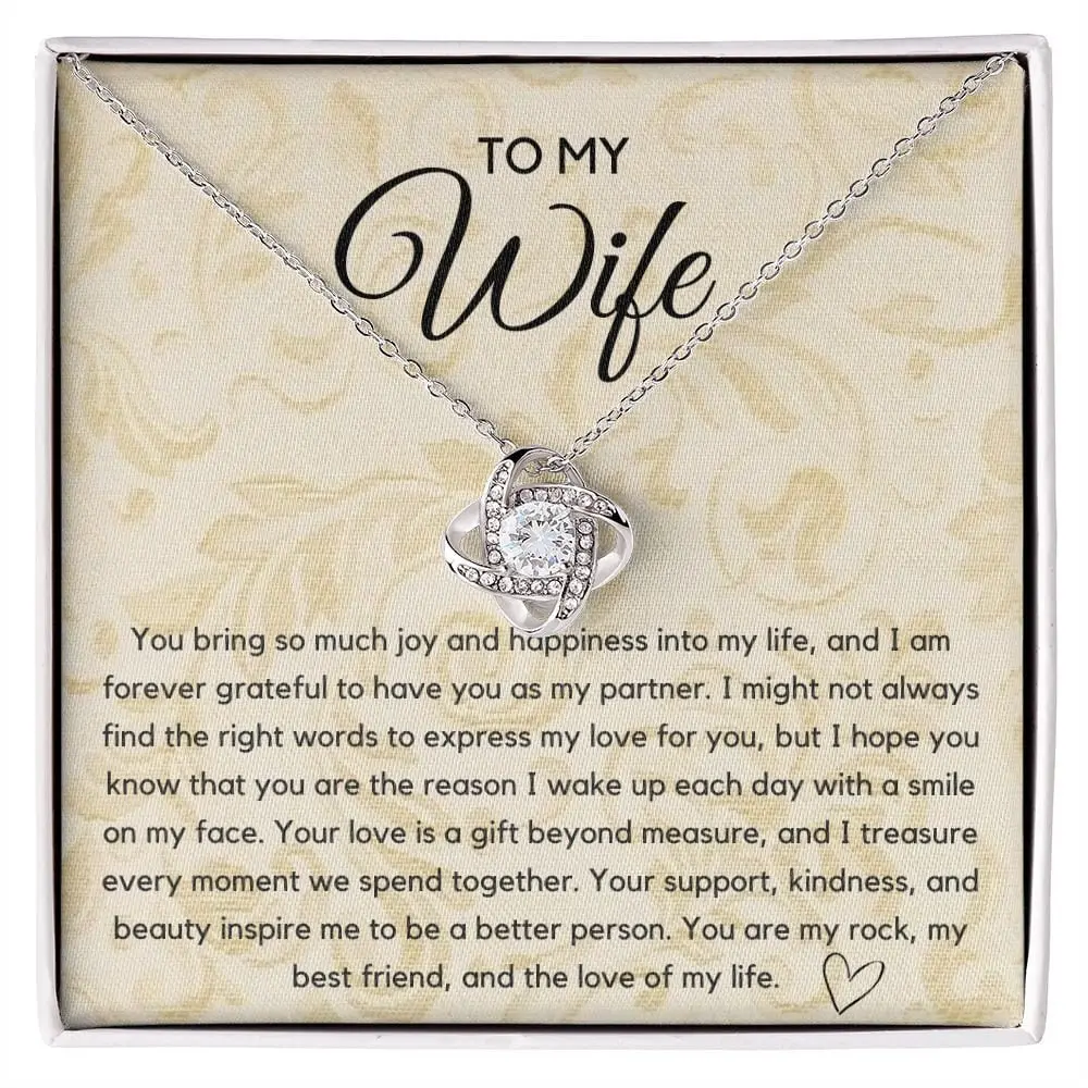 Wife Gift - White Gold Dipped Love Knot Necklace With Message Card For Spouse, Partner, Better Half, Mate.