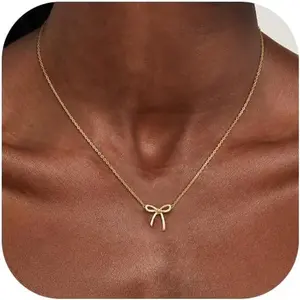 TEWIKY Bow Necklace Dainty Necklace Cute Small Tiny Bow Pendant Choker Chain Trendy for Women Jewelry For Mother's Day Gift