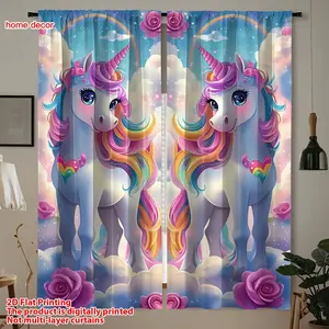 Dreamy Rainbow Unicorn Curtains, 2pcs 2D Print Living Room Bedroom Decor, High-Quality Polyester, Sunlight Filtering, Privacy Protection