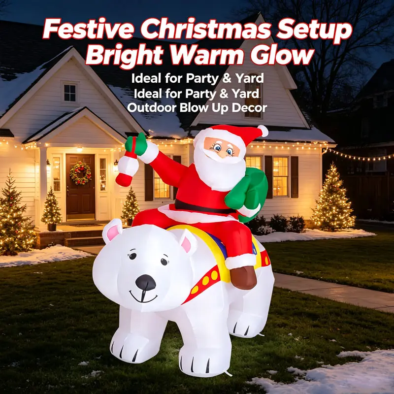 Christmas Inflatable Santa Riding Polar Bear, Built‑in LED Lights, Large Blow‑Up Decor for Yard Lawn Garden Holiday Party