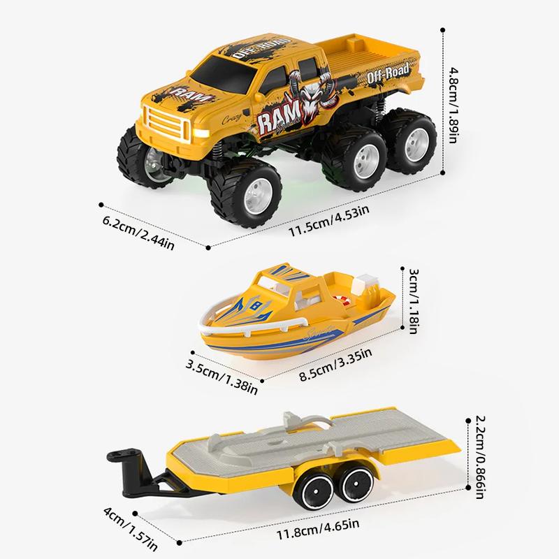 Mini Remote Control Truck with Trailer Toy Boat, 1:64 Scale Truck Remote Control Car with Lights, Speed/Steering Adjustable, Desktop Play, Easter Toy, Birthday Christmas Gifts for Kids Boys