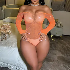 Rhinestone-Embellished Fishnet Lingerie with Hollow Bikini Bodysuit – Sexy Fishnet Lingerie, Hollow Design with Rhinestone Bikini Bodysuit for Bedroom Allure