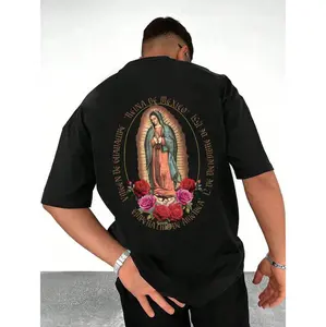 200G Lightweight Polyester Men Round Neck Short Sleeve T Shirt With Virgin Mary Pattern Printing Ideal For Summer Wear