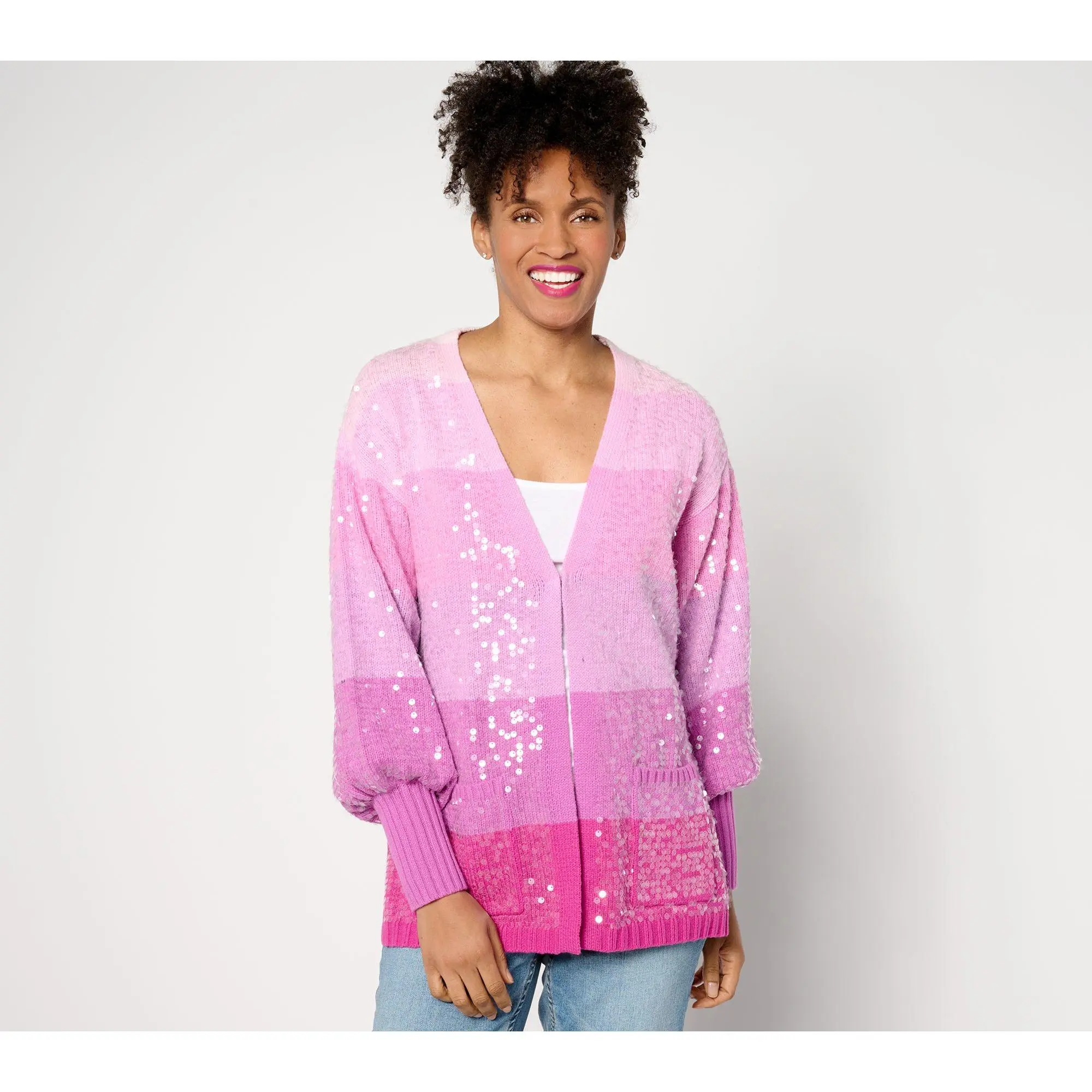 Isaac Mizrahi Live! Regular Multistripe Blouson Cardi with Paillettes