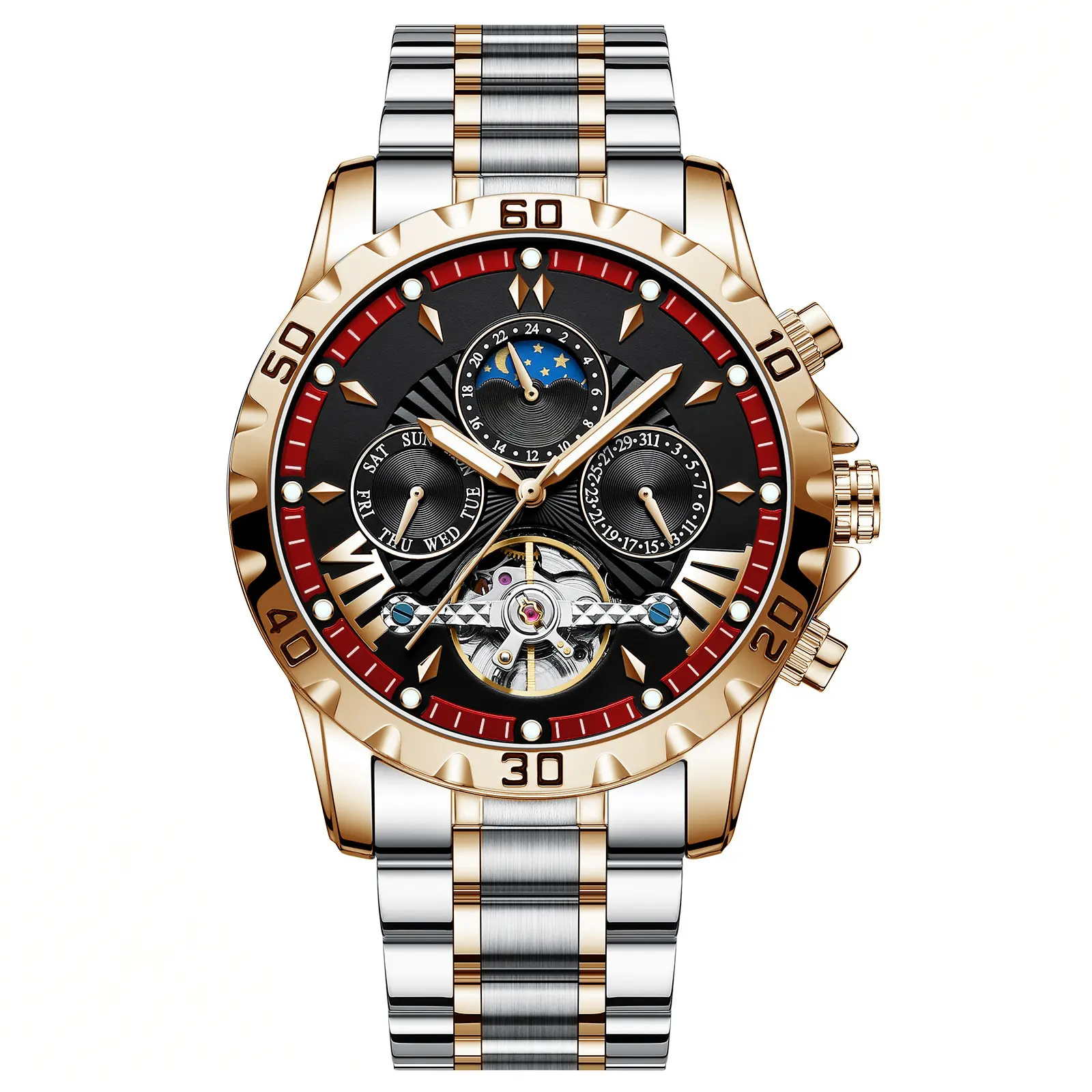Automatic Watch Two-Tone Stainless Steel Band, Luxury Self-Winding Mechanical Wrist Watch with Sun Moon Phase Open Heart Flywheel