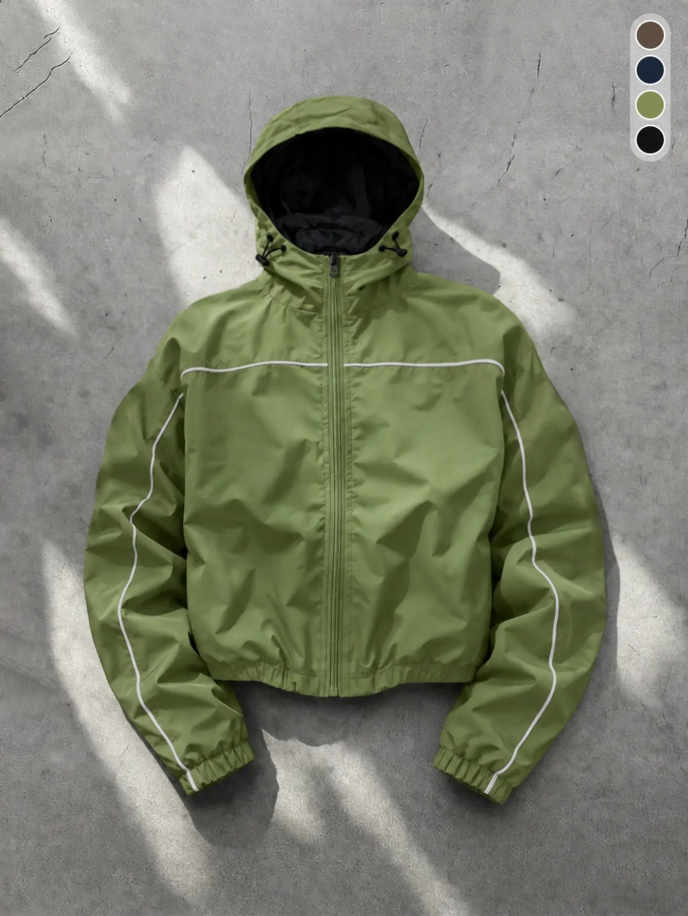 Men Hooded Windproof Cropped Jacket Full Zip White Contrast Line Decor Adjustable Drawstring Hood Elastic Cuff Outdoor Street Casual Jacket Spring Autumn Outerwear Multiple Colors
