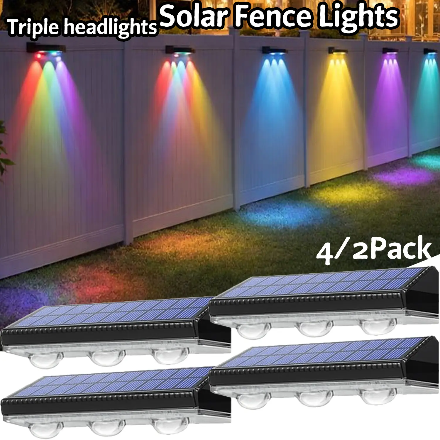 Solar Outdoor Fence Lights - 3-Head PVC Shell Solar-Powered LED Lights with 9 Fixed & Color-Changing Modes, IP44 Waterproof, for Backyard Railing, Patio