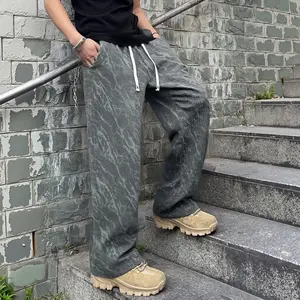 Retro Marble Fleece Wide Leg Pants Men Oversized Streetwear Tapered Pants with Drawstring Waist and Comfortable Fit Casual Style